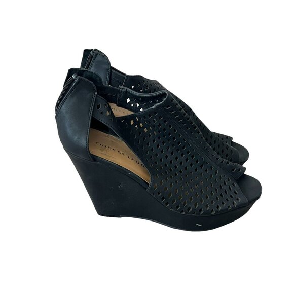 Chinese Laundry Platform Sandals 7.5 Black Wedge Peep Toes Zipper Closure - Picture 3 of 10
